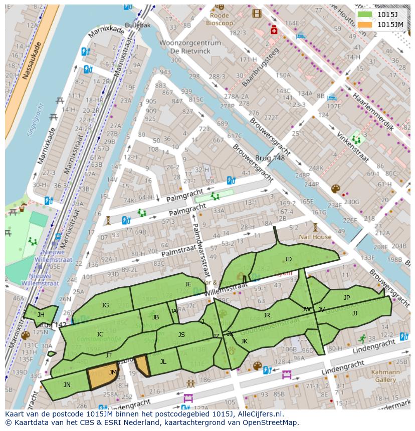 Afbeelding van het postcodegebied 1015 JM op de kaart.