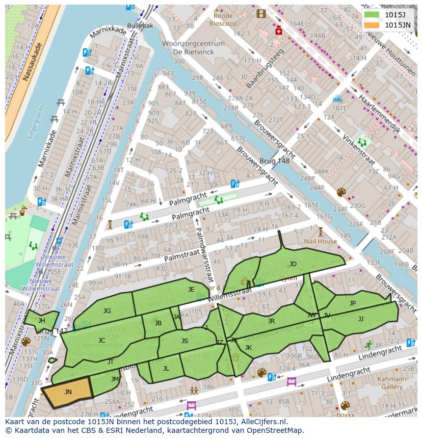 Afbeelding van het postcodegebied 1015 JN op de kaart.