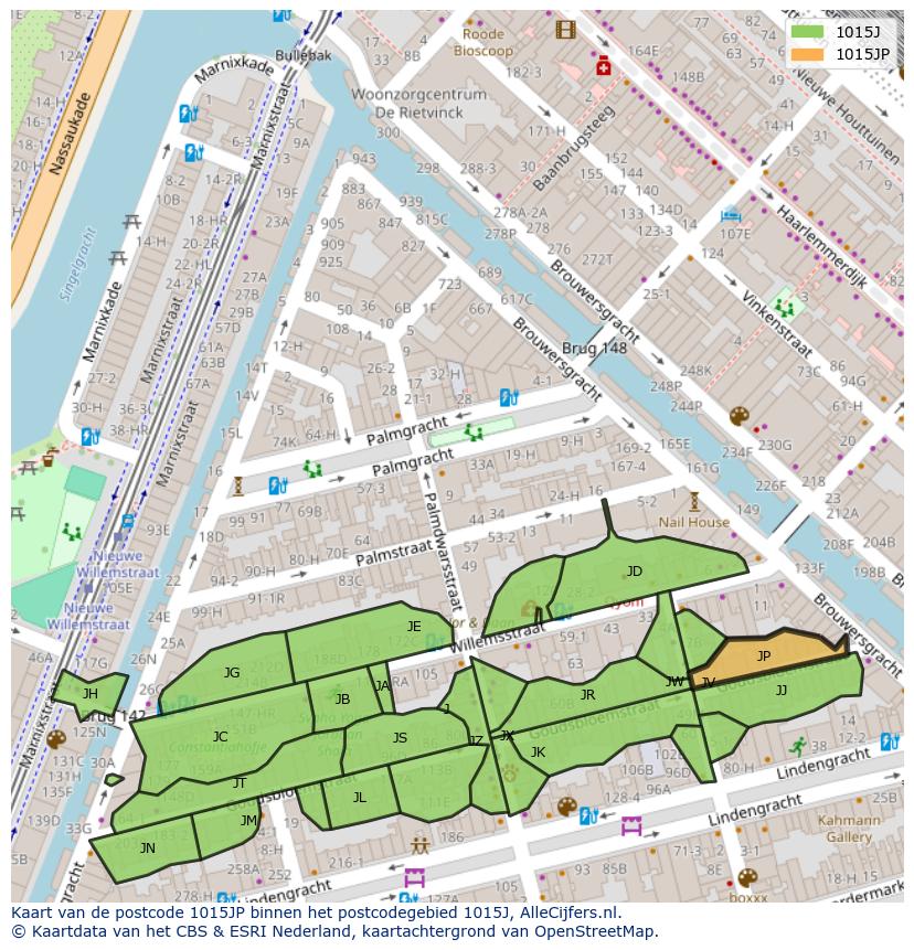 Afbeelding van het postcodegebied 1015 JP op de kaart.
