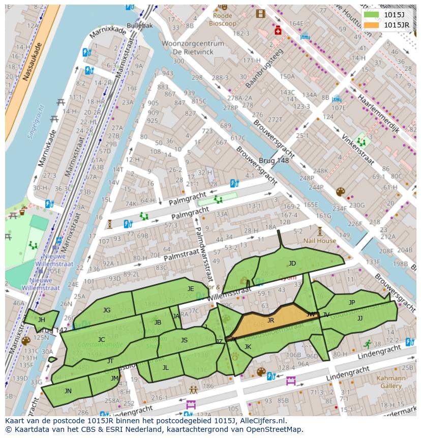 Afbeelding van het postcodegebied 1015 JR op de kaart.