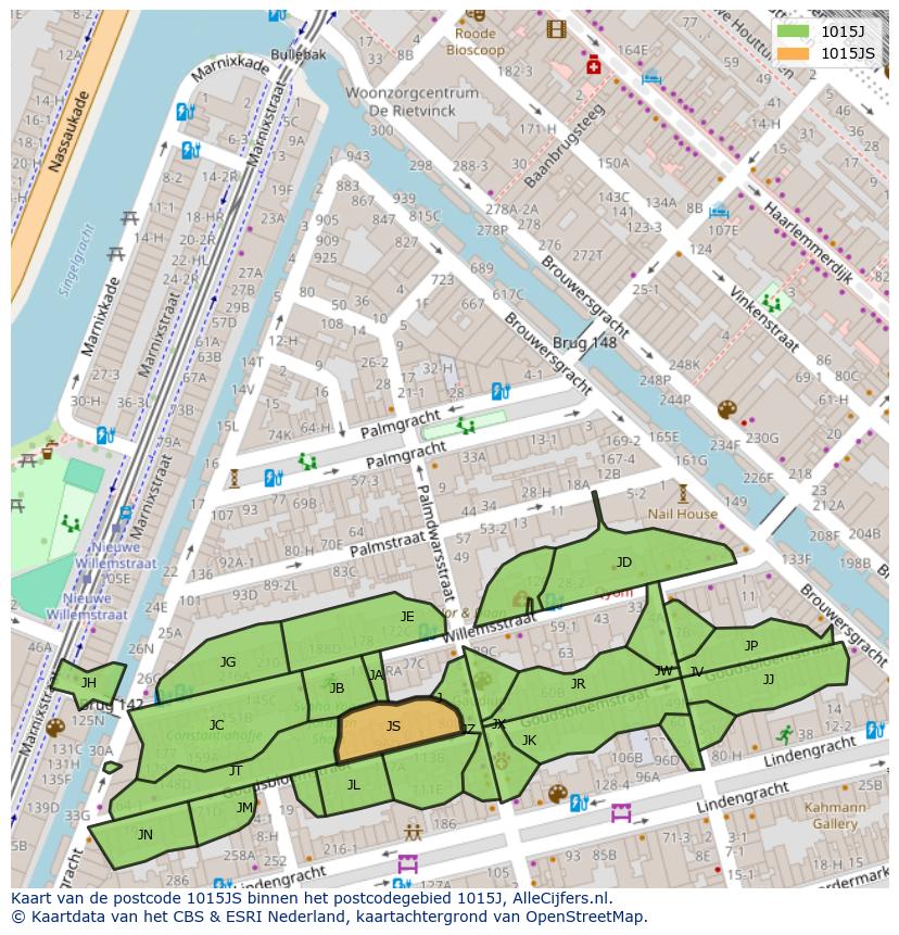 Afbeelding van het postcodegebied 1015 JS op de kaart.