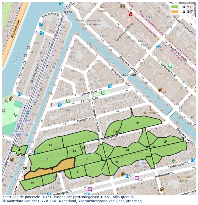 Afbeelding van het postcodegebied 1015 JT op de kaart.