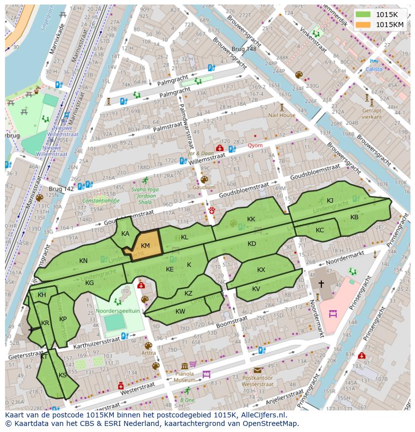 Afbeelding van het postcodegebied 1015 KM op de kaart.