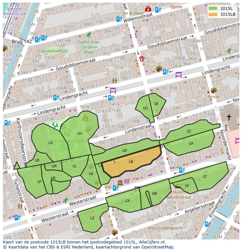 Afbeelding van het postcodegebied 1015 LB op de kaart.