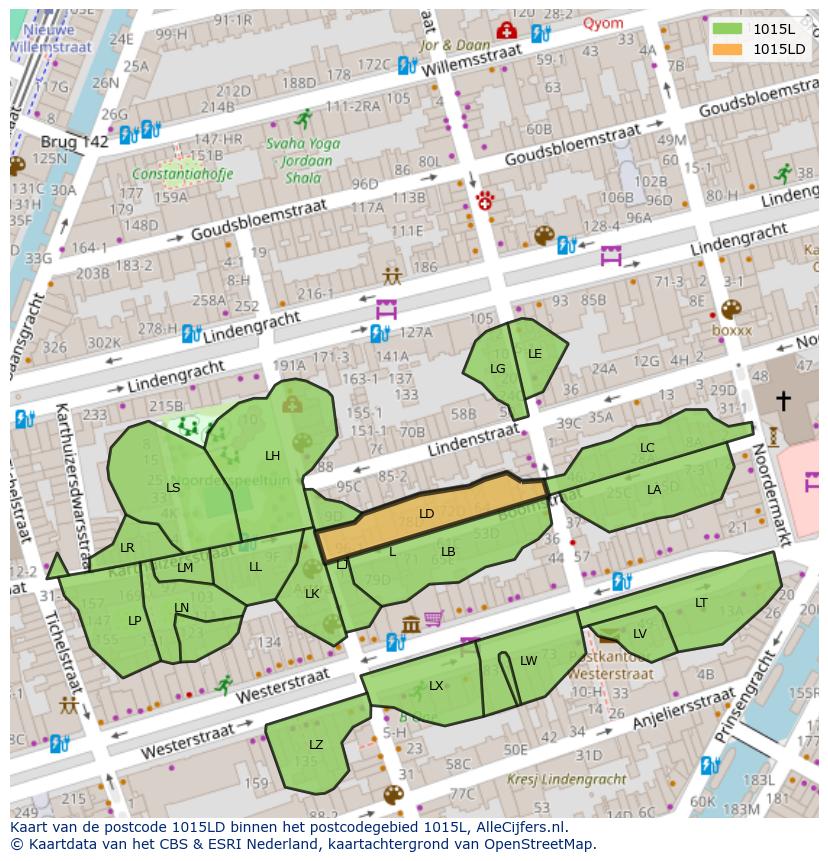 Afbeelding van het postcodegebied 1015 LD op de kaart.