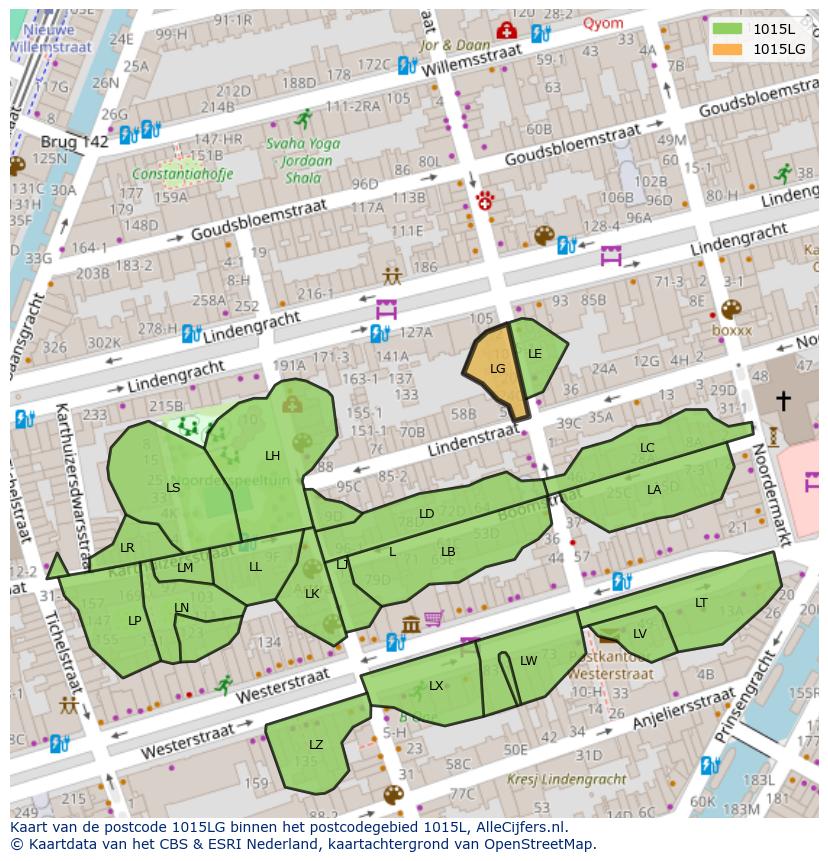 Afbeelding van het postcodegebied 1015 LG op de kaart.
