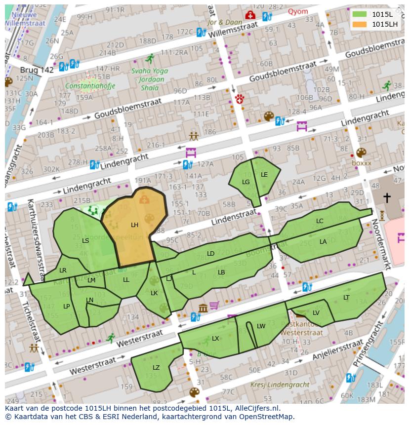 Afbeelding van het postcodegebied 1015 LH op de kaart.