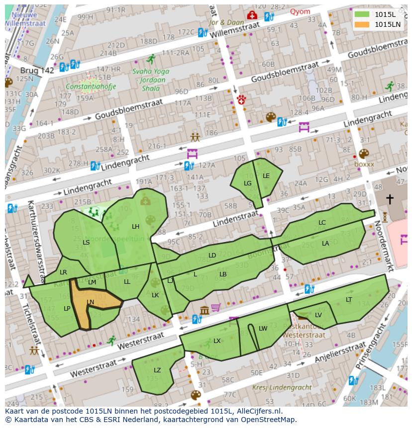 Afbeelding van het postcodegebied 1015 LN op de kaart.