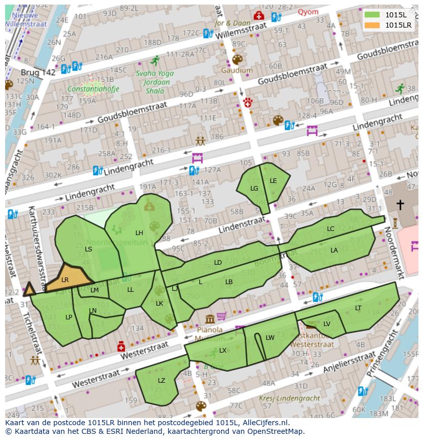 Afbeelding van het postcodegebied 1015 LR op de kaart.
