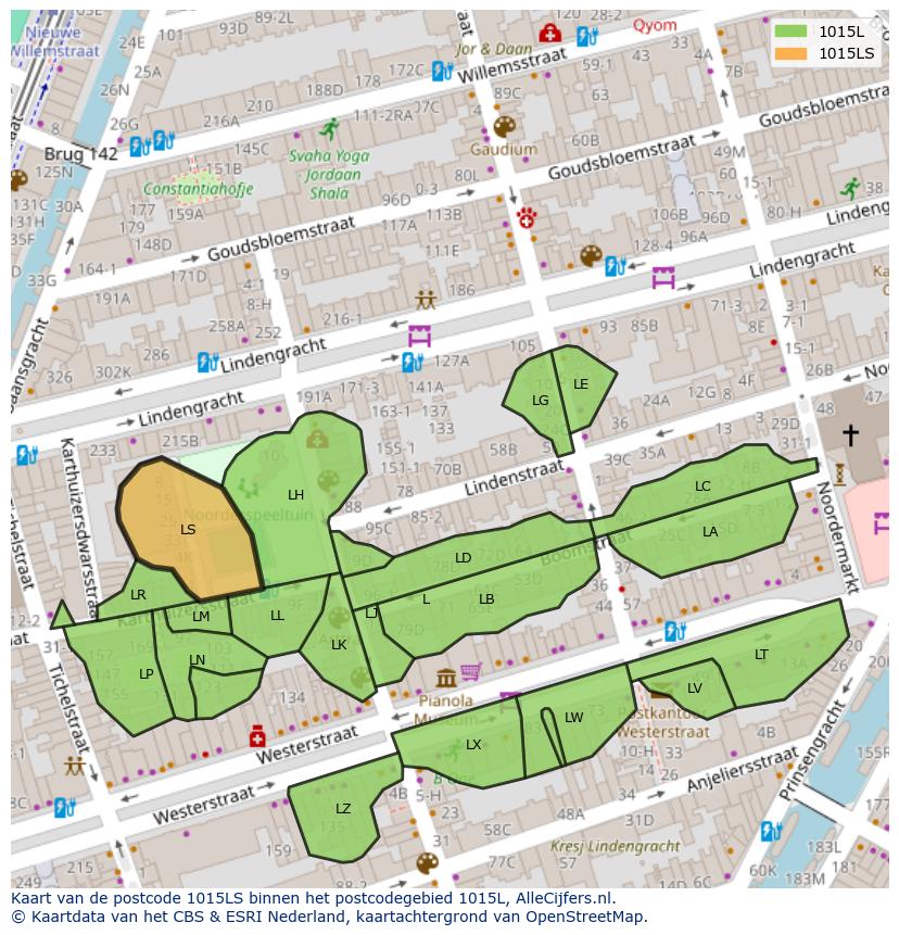 Afbeelding van het postcodegebied 1015 LS op de kaart.