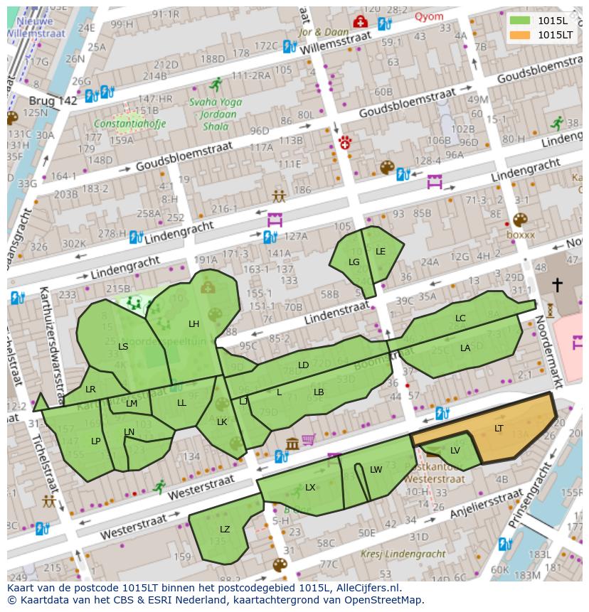 Afbeelding van het postcodegebied 1015 LT op de kaart.