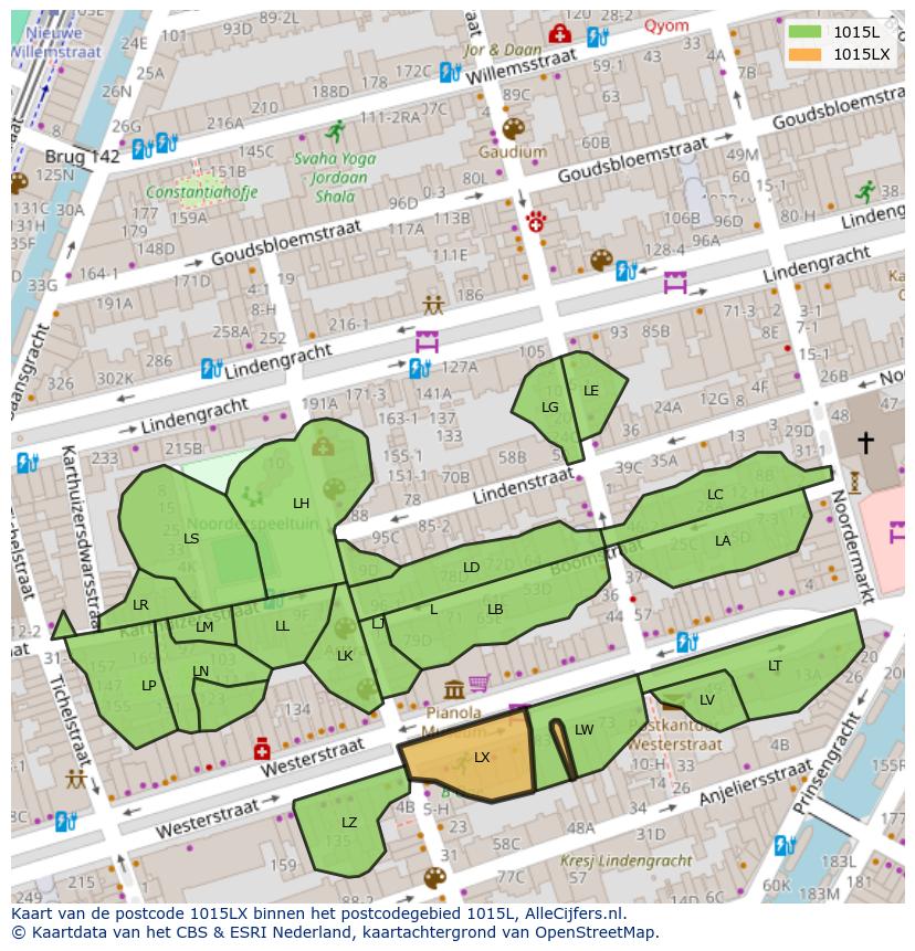 Afbeelding van het postcodegebied 1015 LX op de kaart.