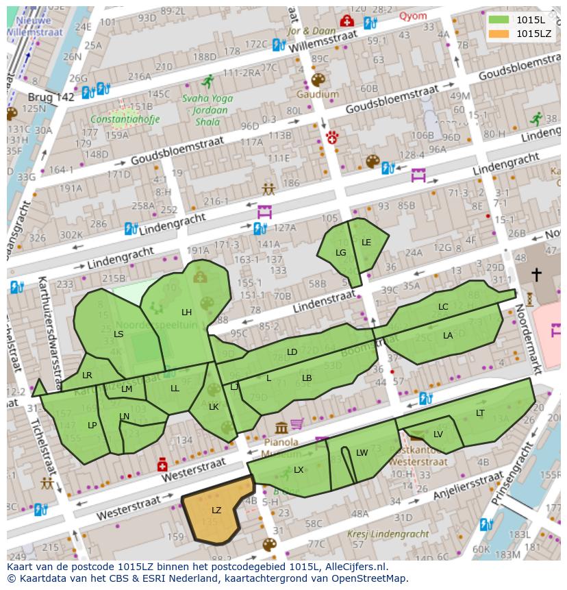 Afbeelding van het postcodegebied 1015 LZ op de kaart.