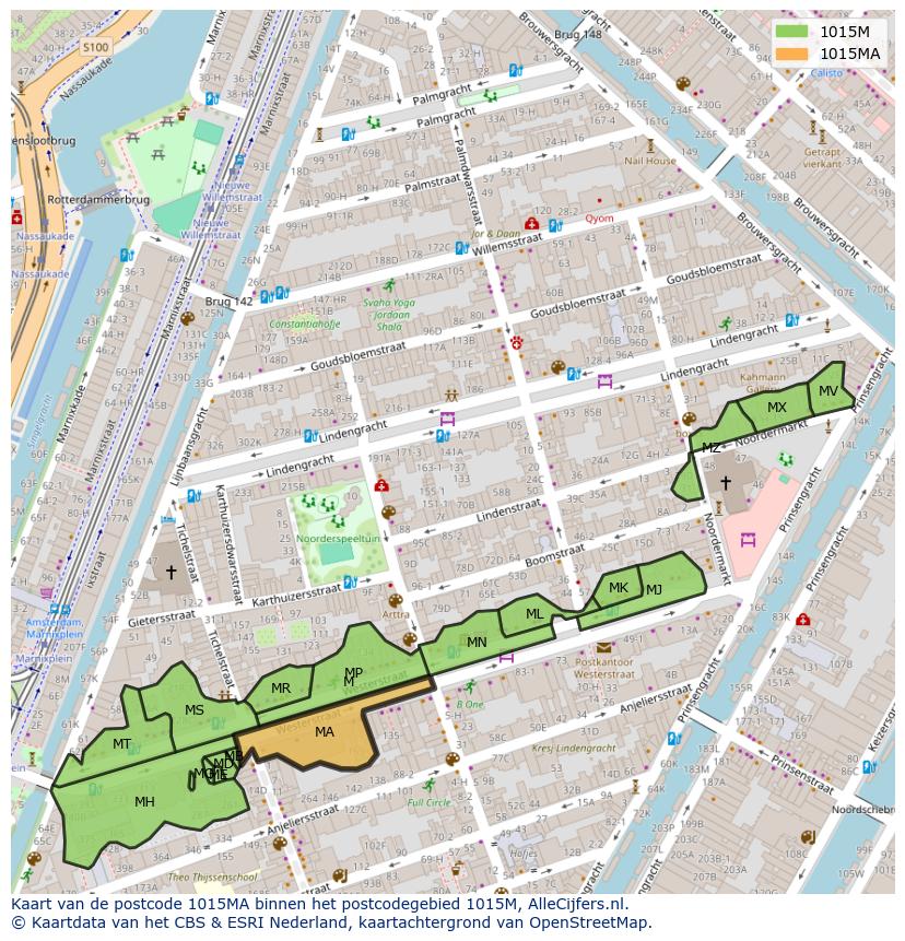 Afbeelding van het postcodegebied 1015 MA op de kaart.