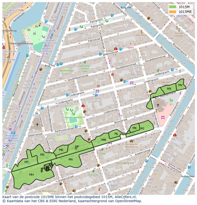 Afbeelding van het postcodegebied 1015 ME op de kaart.