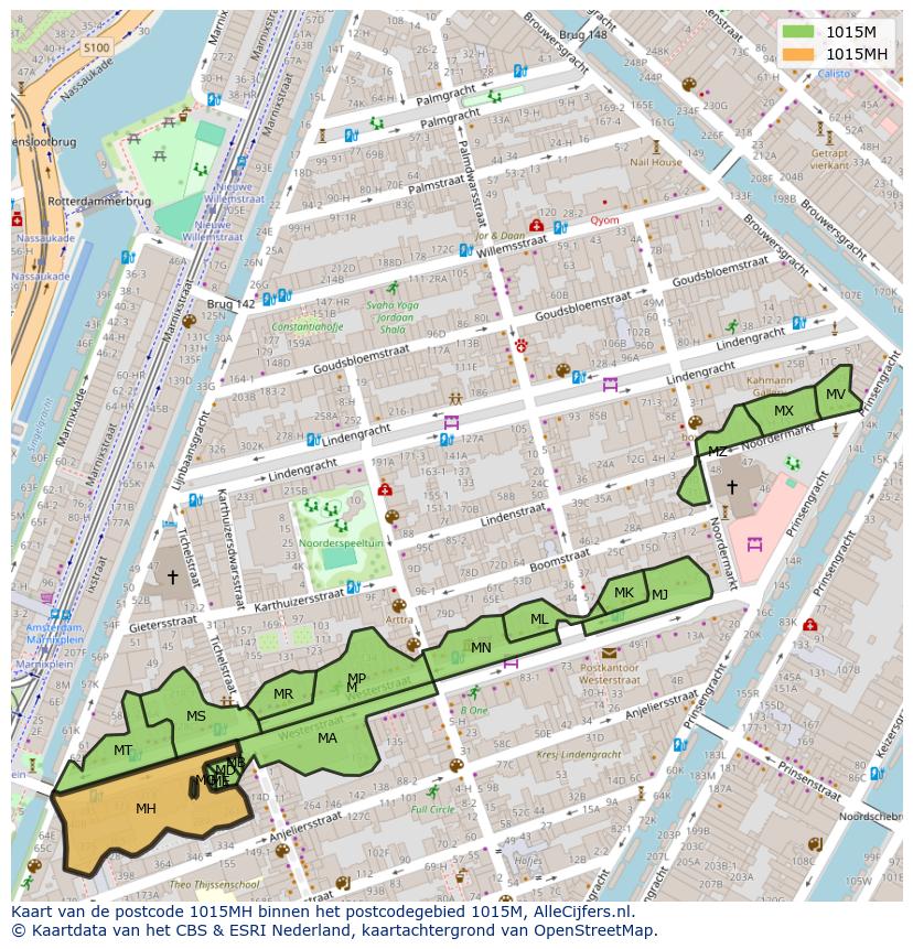 Afbeelding van het postcodegebied 1015 MH op de kaart.