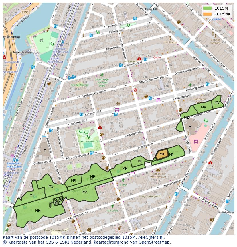 Afbeelding van het postcodegebied 1015 MK op de kaart.
