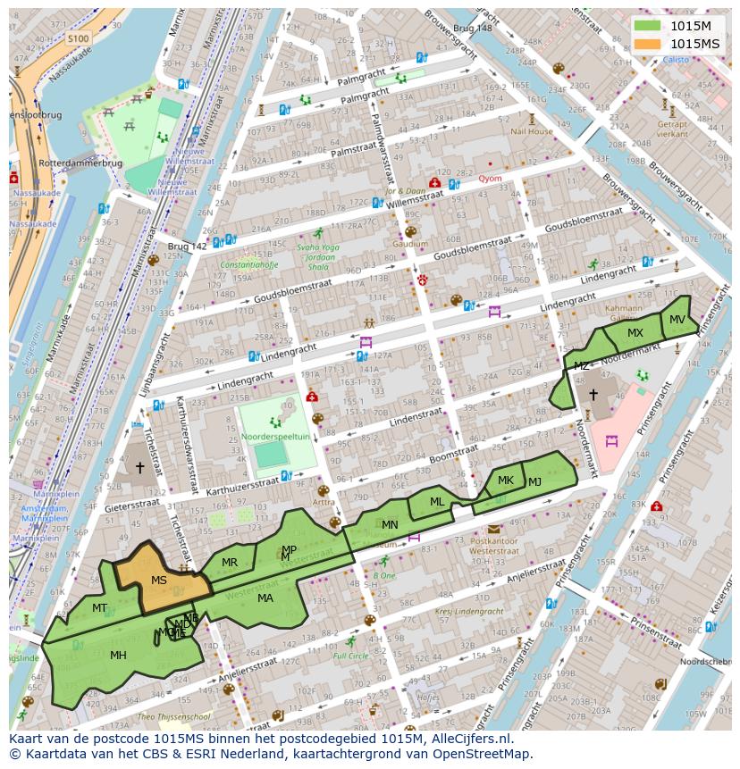 Afbeelding van het postcodegebied 1015 MS op de kaart.