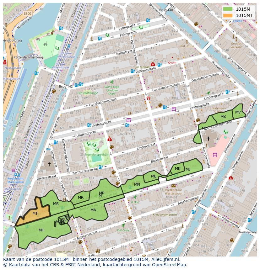 Afbeelding van het postcodegebied 1015 MT op de kaart.