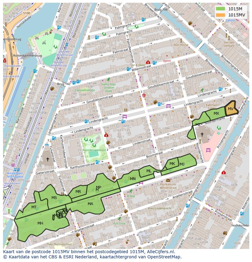 Afbeelding van het postcodegebied 1015 MV op de kaart.