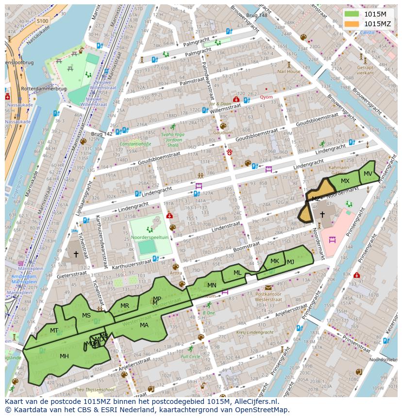 Afbeelding van het postcodegebied 1015 MZ op de kaart.