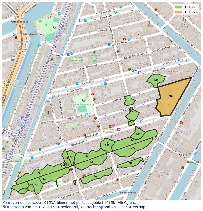 Afbeelding van het postcodegebied 1015 NA op de kaart.