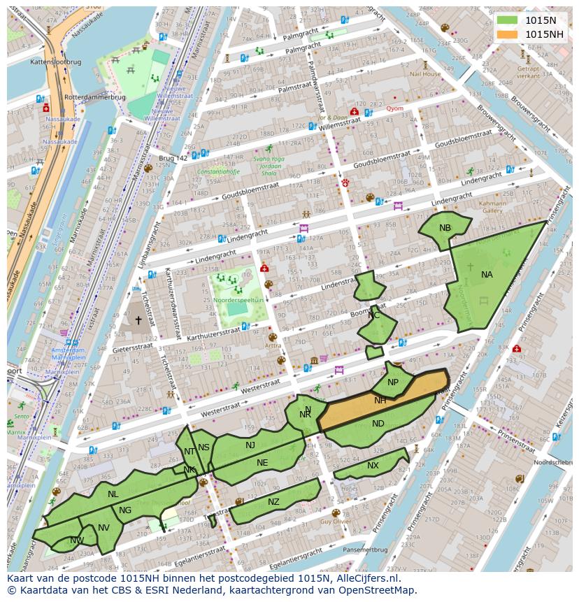 Afbeelding van het postcodegebied 1015 NH op de kaart.