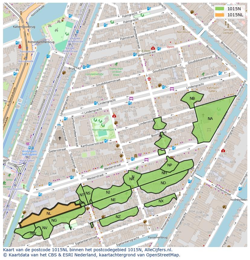 Afbeelding van het postcodegebied 1015 NL op de kaart.