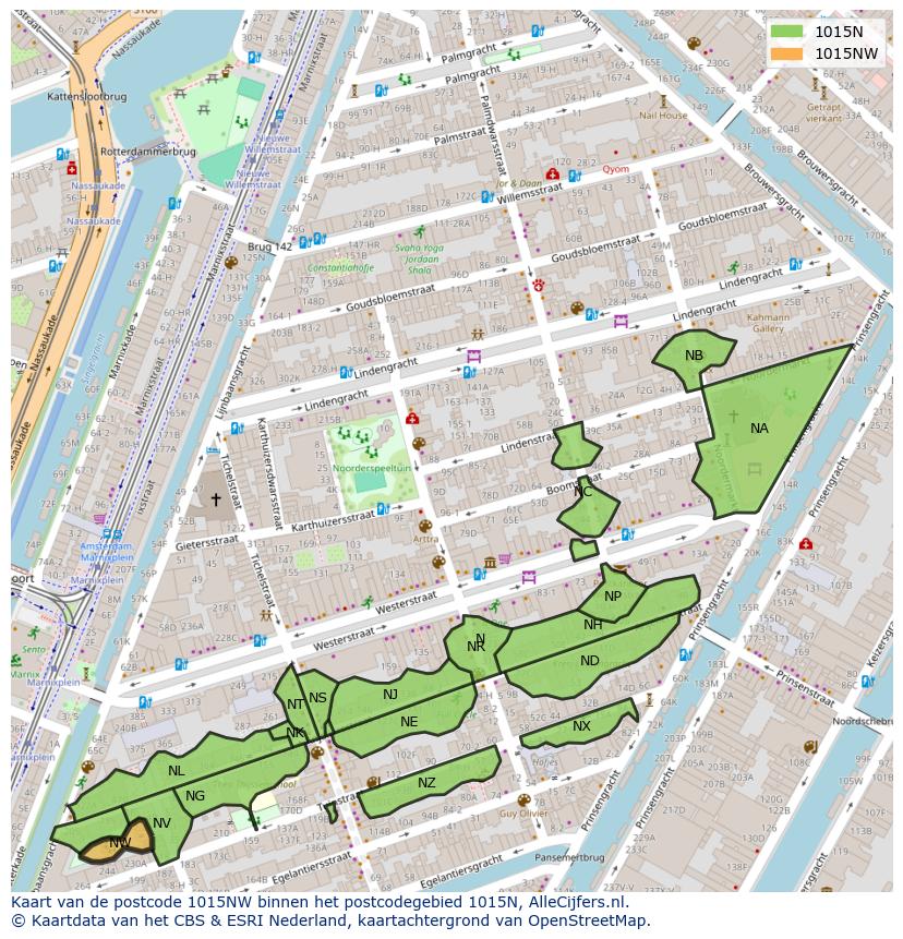 Afbeelding van het postcodegebied 1015 NW op de kaart.