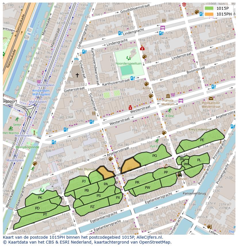 Afbeelding van het postcodegebied 1015 PH op de kaart.