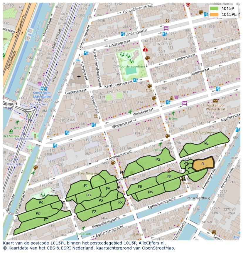 Afbeelding van het postcodegebied 1015 PL op de kaart.