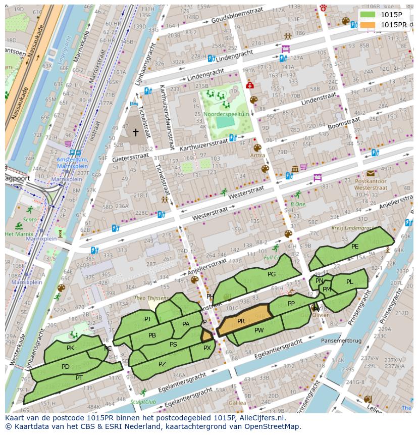 Afbeelding van het postcodegebied 1015 PR op de kaart.