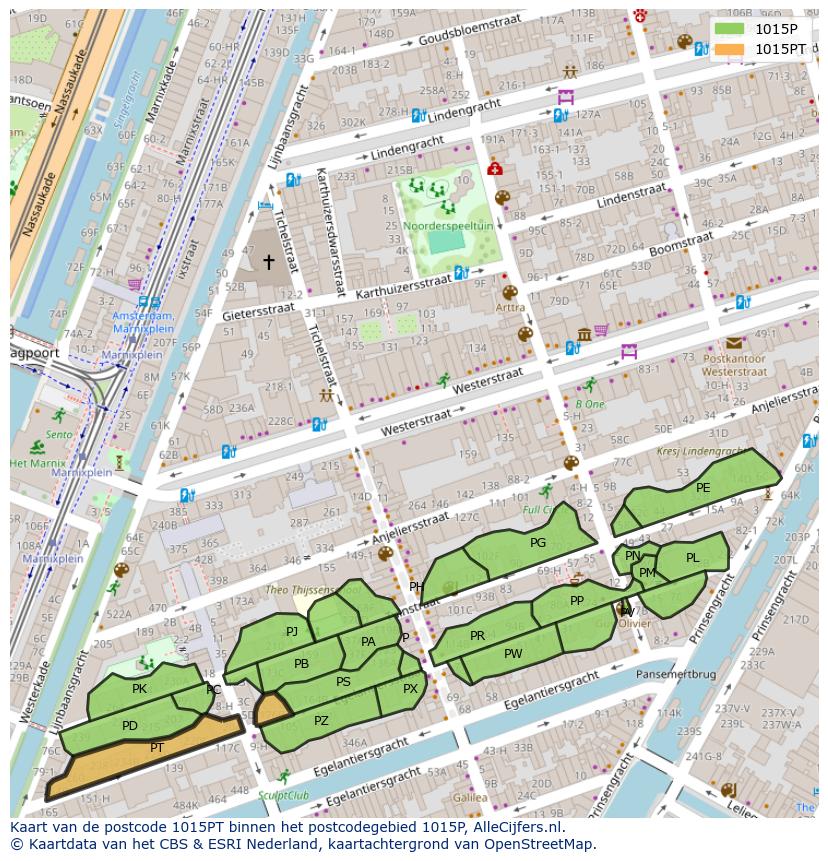 Afbeelding van het postcodegebied 1015 PT op de kaart.