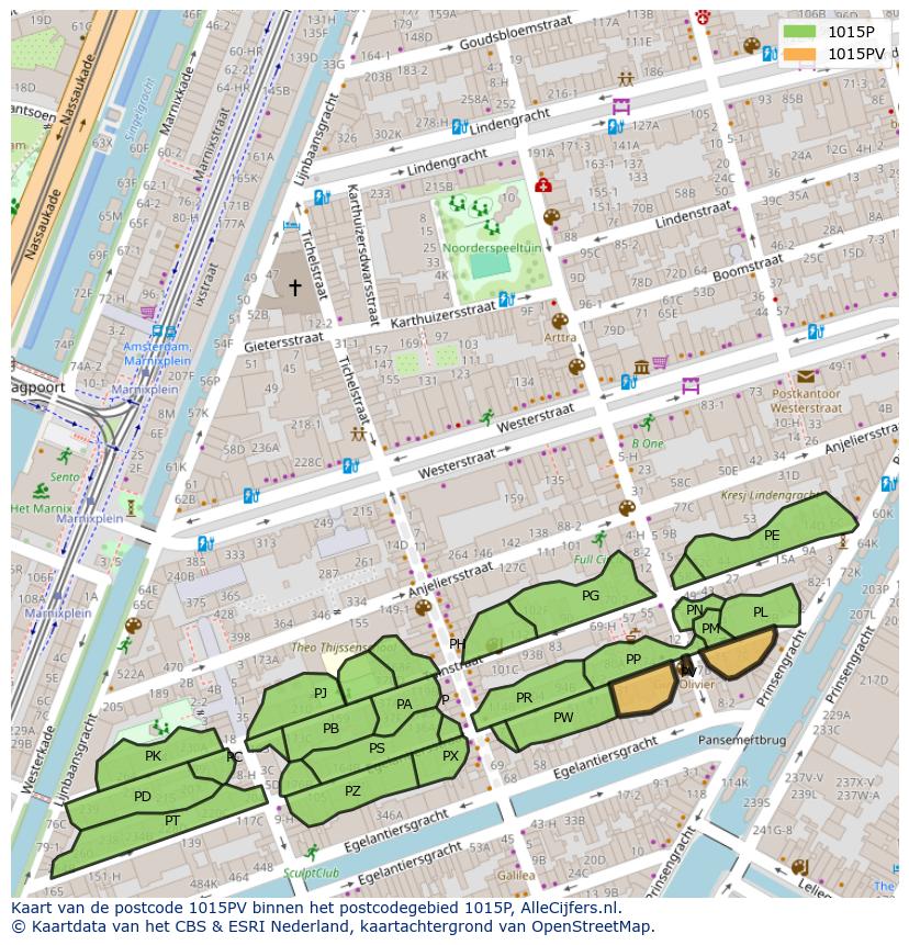 Afbeelding van het postcodegebied 1015 PV op de kaart.