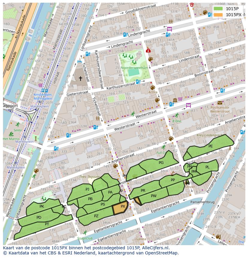 Afbeelding van het postcodegebied 1015 PX op de kaart.