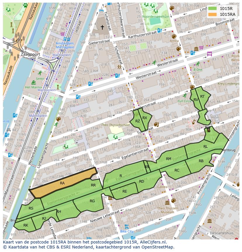 Afbeelding van het postcodegebied 1015 RA op de kaart.