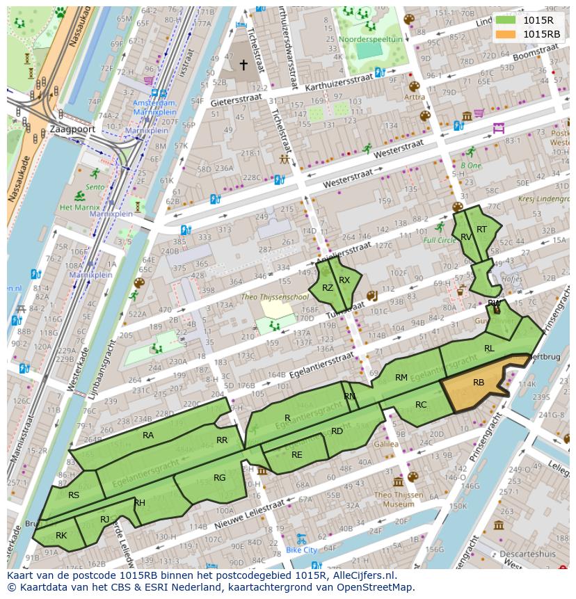 Afbeelding van het postcodegebied 1015 RB op de kaart.