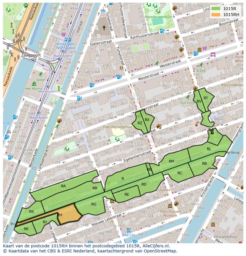 Afbeelding van het postcodegebied 1015 RH op de kaart.