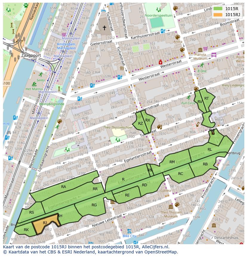 Afbeelding van het postcodegebied 1015 RJ op de kaart.
