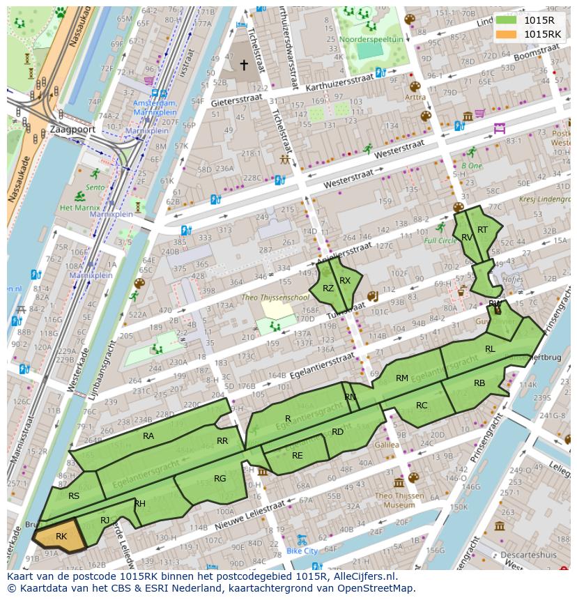 Afbeelding van het postcodegebied 1015 RK op de kaart.