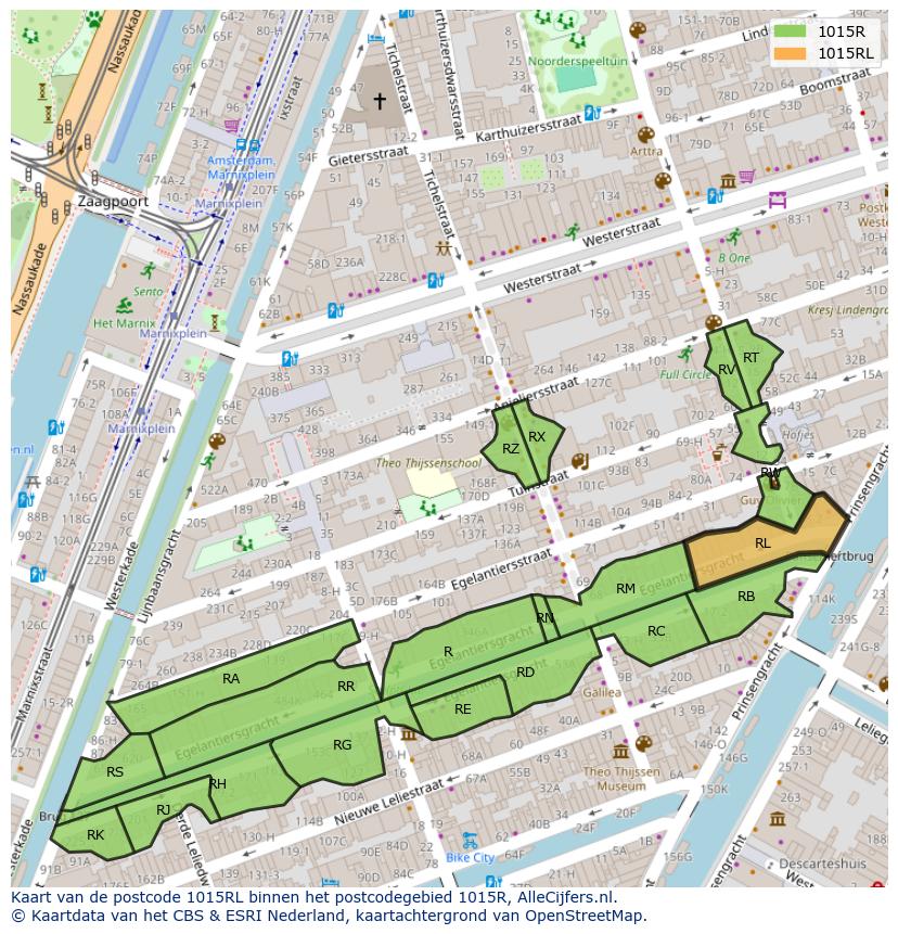 Afbeelding van het postcodegebied 1015 RL op de kaart.