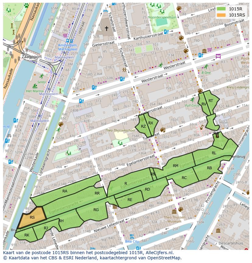 Afbeelding van het postcodegebied 1015 RS op de kaart.