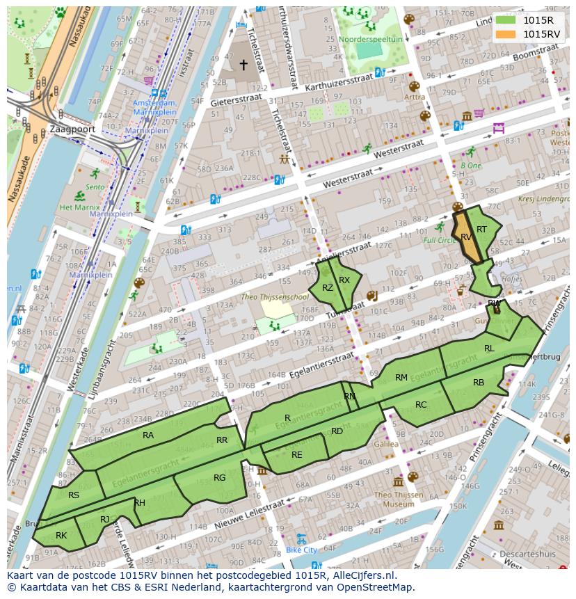 Afbeelding van het postcodegebied 1015 RV op de kaart.