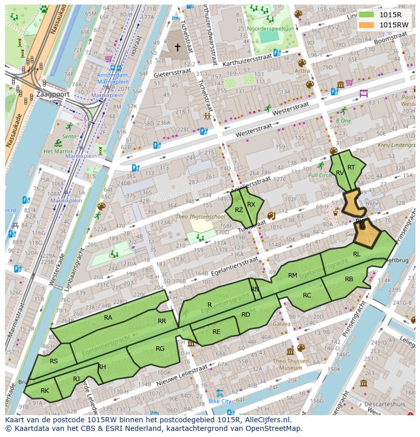 Afbeelding van het postcodegebied 1015 RW op de kaart.