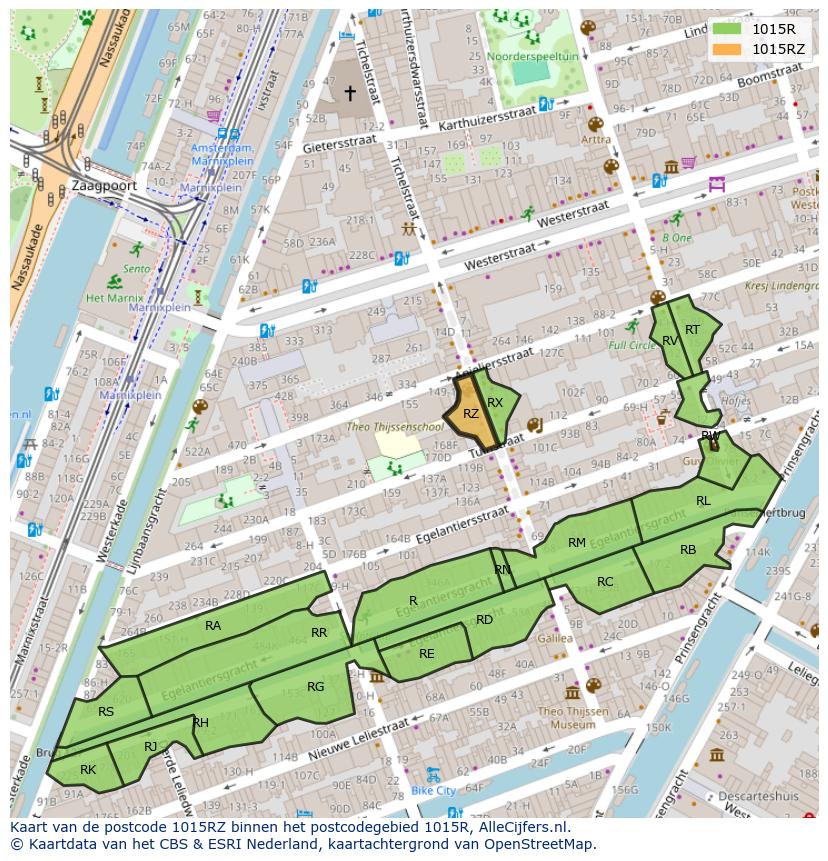 Afbeelding van het postcodegebied 1015 RZ op de kaart.