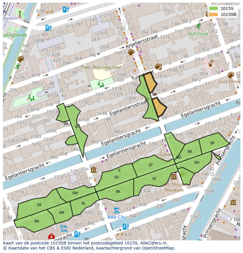 Afbeelding van het postcodegebied 1015 SB op de kaart.
