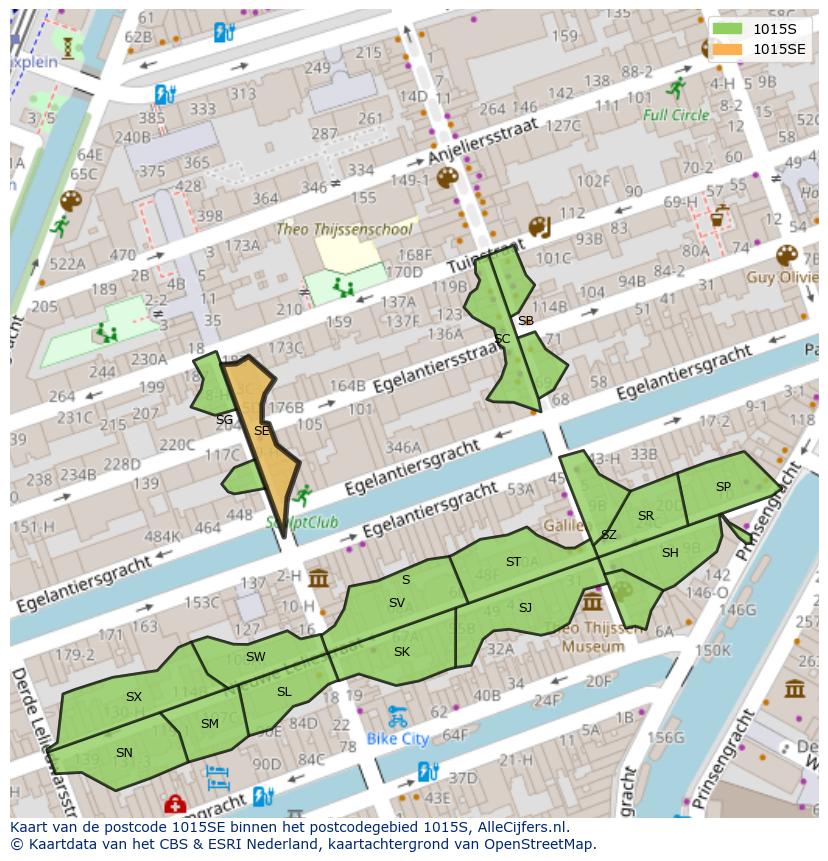 Afbeelding van het postcodegebied 1015 SE op de kaart.