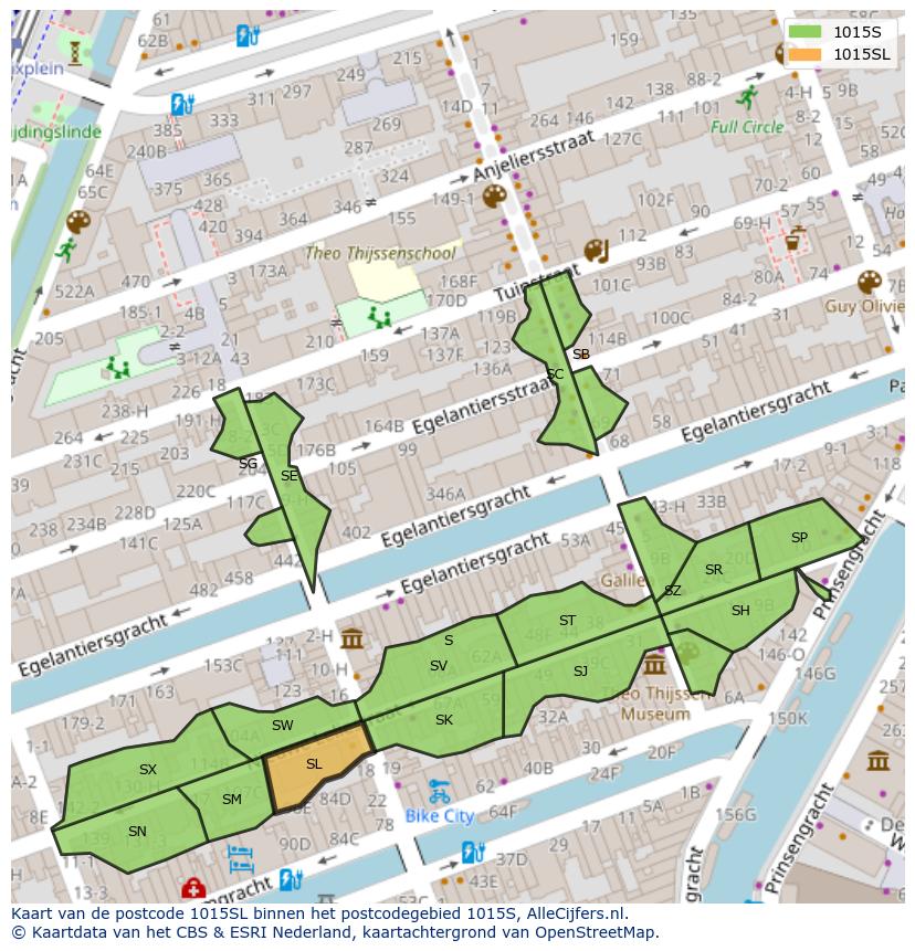 Afbeelding van het postcodegebied 1015 SL op de kaart.