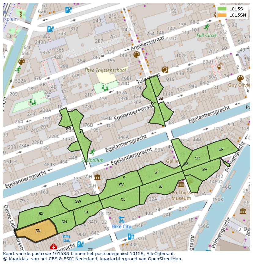 Afbeelding van het postcodegebied 1015 SN op de kaart.
