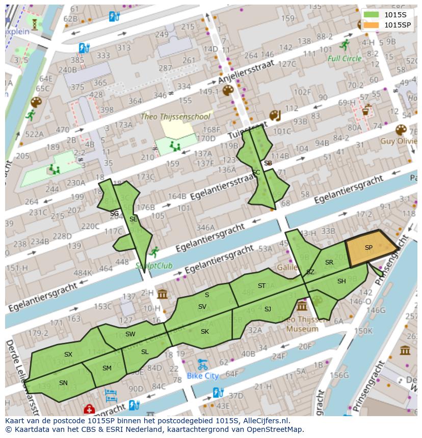 Afbeelding van het postcodegebied 1015 SP op de kaart.
